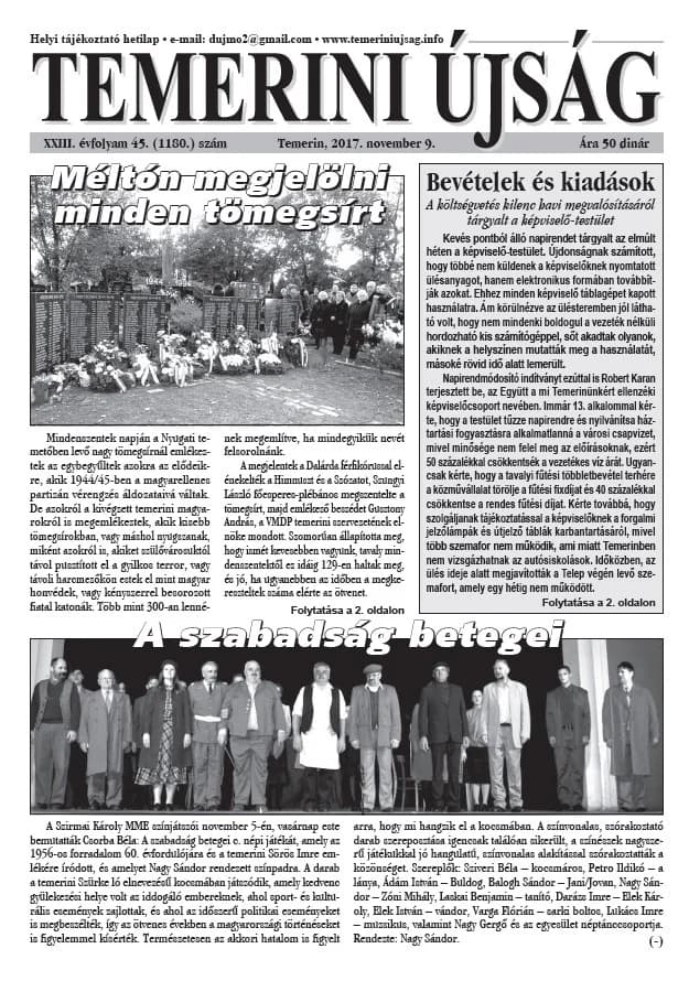 Temerini Újság, 23. évf. 2017. november 9. 45. sz.