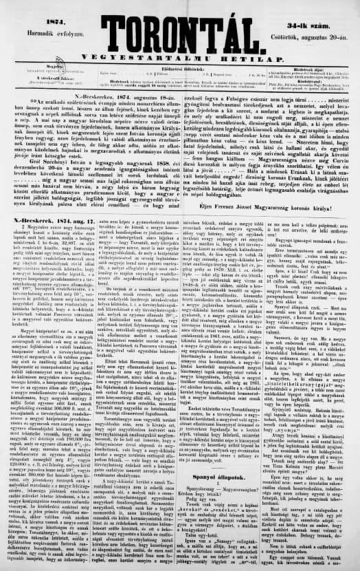 Torontál, 3. évf. 1874. augusztus 20. 34. sz.