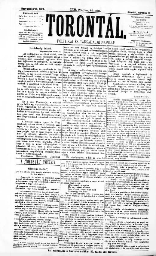 Torontál, 22. évf. 1893. március 18. 64. sz.