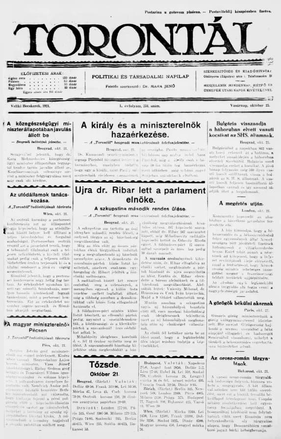Torontál, 50. évf. 1921. október 23. 234. sz.