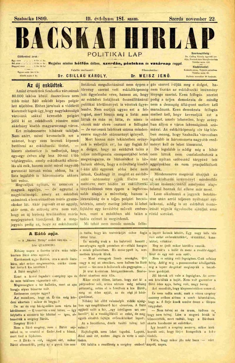 Bácskai Hirlap, 3. évf. 1899. november 22. 181. sz.