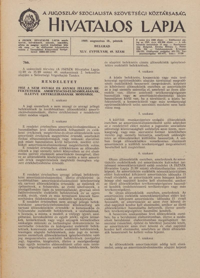 A Jugoszláv Szocialista Szövetségi Köztársaság Hivatalos Lapja, 45. évf. 1989. augusztus 18. 49. sz. 1229–1240. oldal