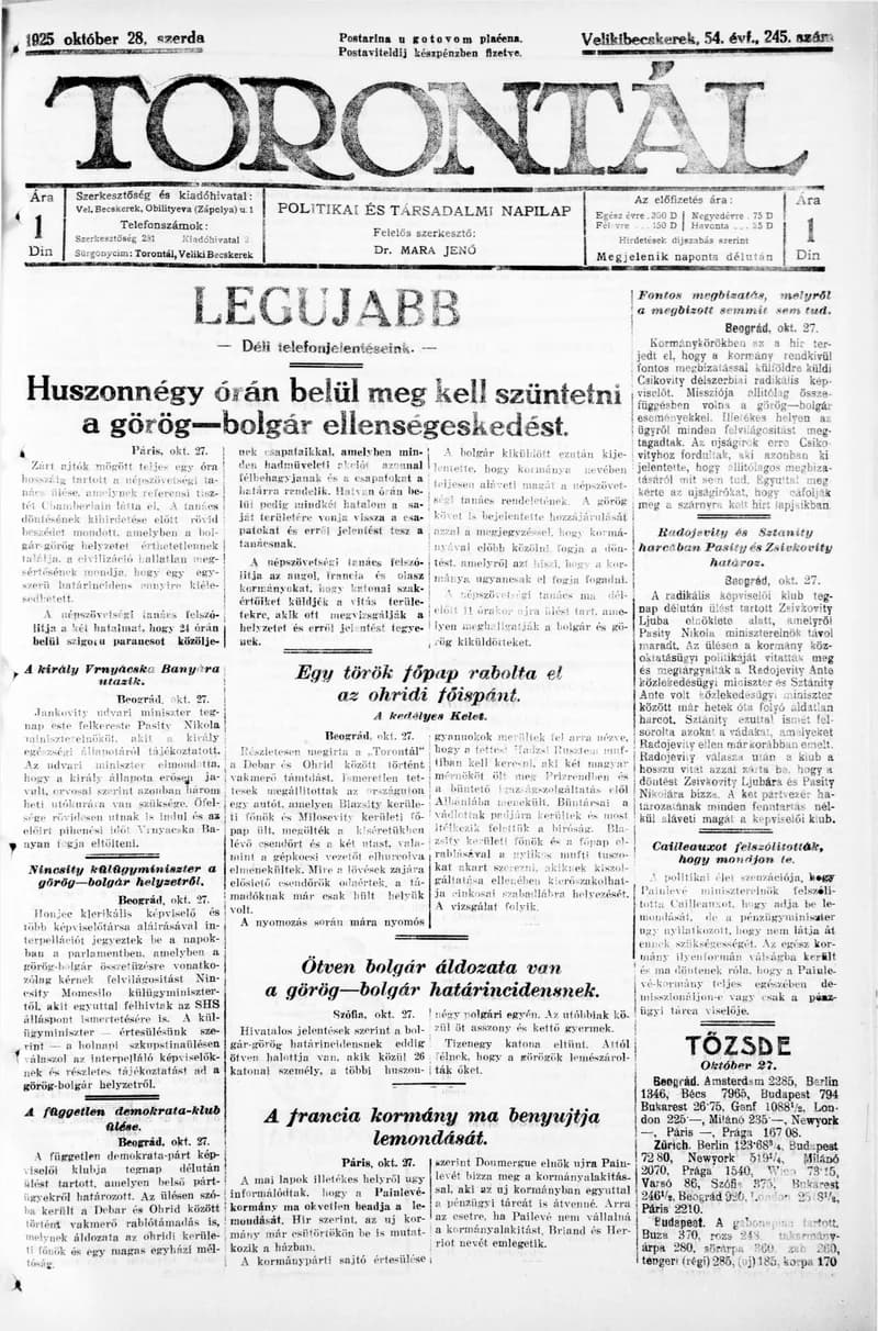 Torontál, 54. évf. 1925. október 28. 245. sz.