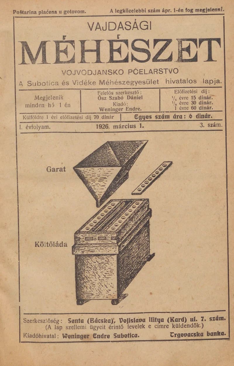 Vajdasági méhészet, 1. évf. 1926. március 1. 3. sz.