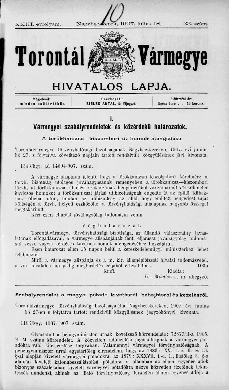 Torontál Vármegye Hivatalos Lapja, 23. évf. 1907. július 18. 33. sz.