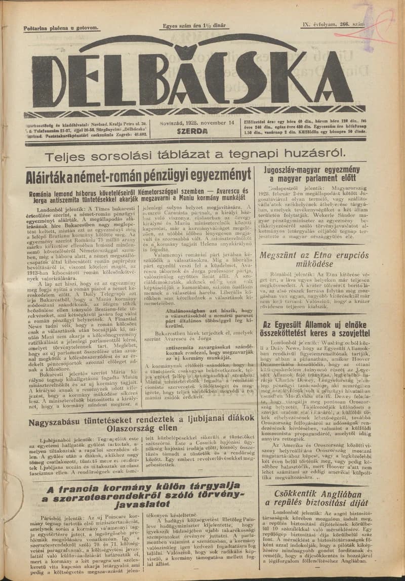 Délbácska, 9. évf. 1928. november 14. 266. sz.
