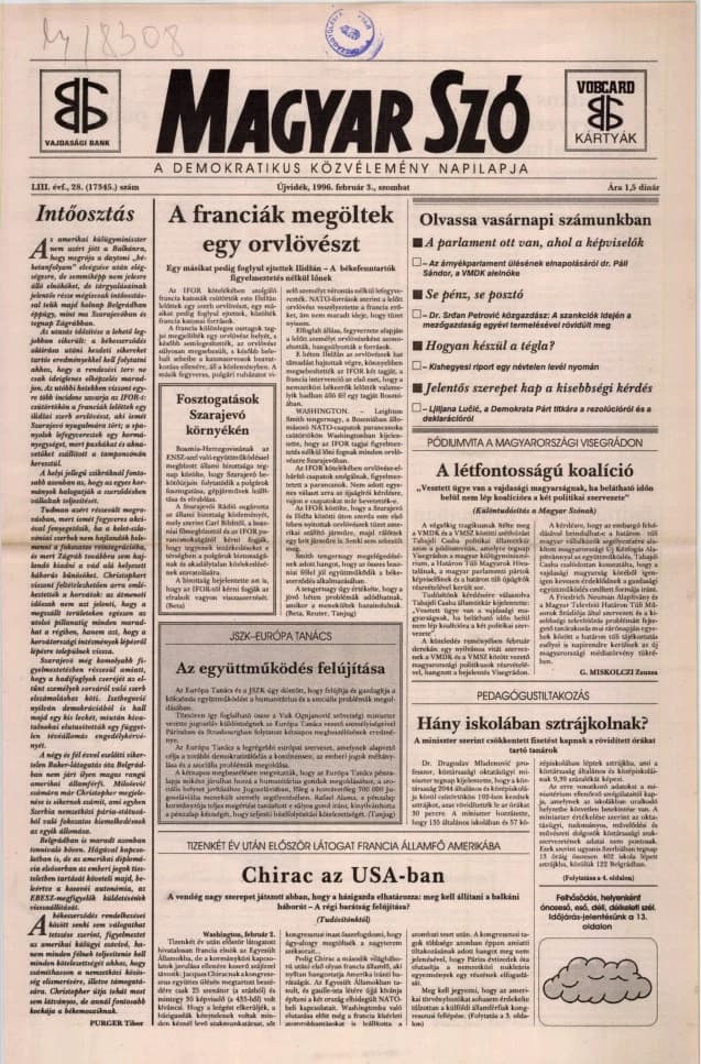 Magyar Szó, 53. évf. 1996. február 3. 28. sz. 1–16. oldal