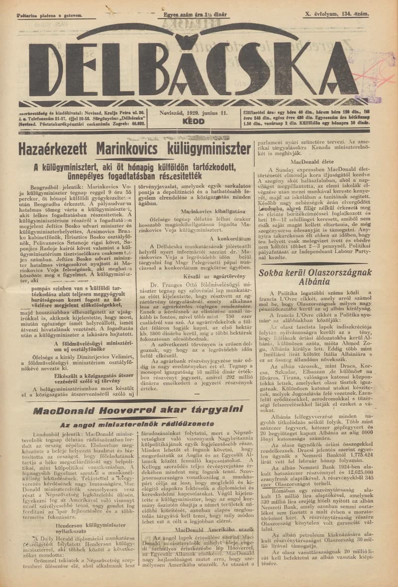 Délbácska, 10. évf. 1929. június 11. 134. sz.