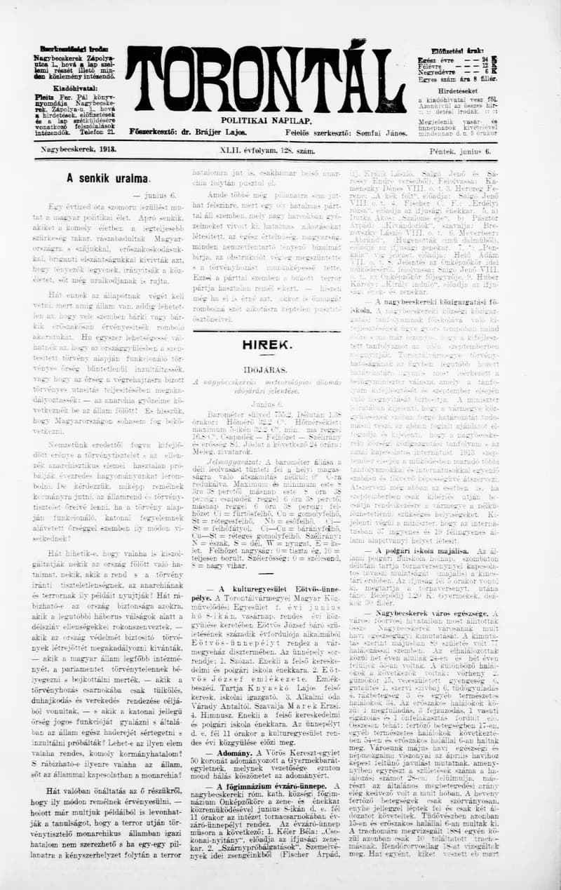 Torontál, 42. évf. 1913. június 6. 128. sz.