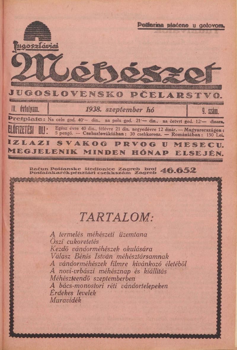 Jugoszláviai méhészet, 4. évf. 1938. szeptember 1. 9. sz.