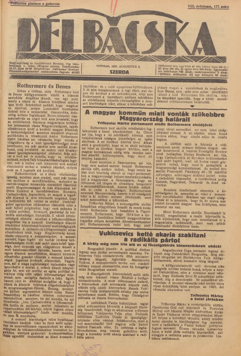 Délbácska, 8. évf. 1927. augusztus 3. 177. sz.