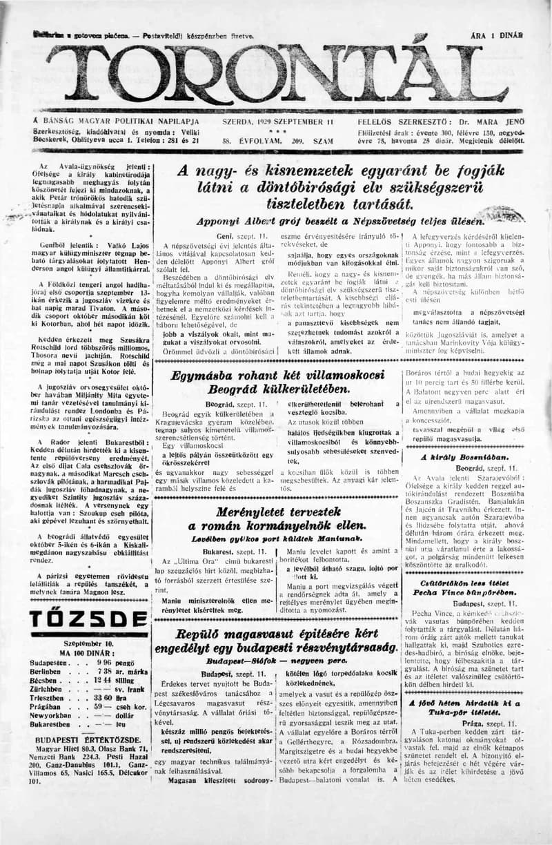 Torontál, 58. évf. 1929. szeptember 11. 209. sz.
