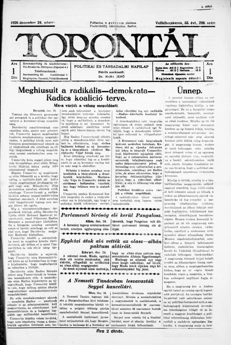 Torontál, 55. évf. 1926. december 24. 296. sz.