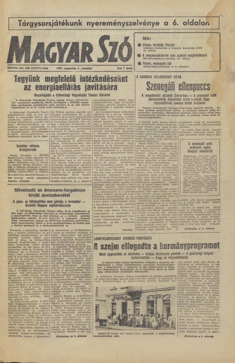 Magyar Szó, 38. évf. 1981. augusztus 1. 209. sz.