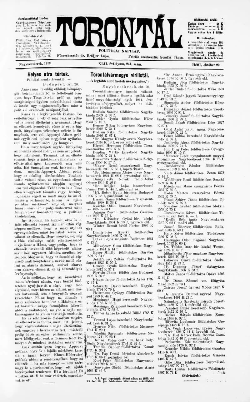 Torontál, 42. évf. 1913. október 20. 241. sz.