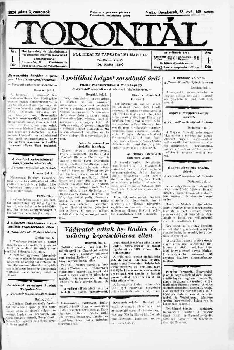 Torontál, 53. évf. 1924. július 3. 148. sz.