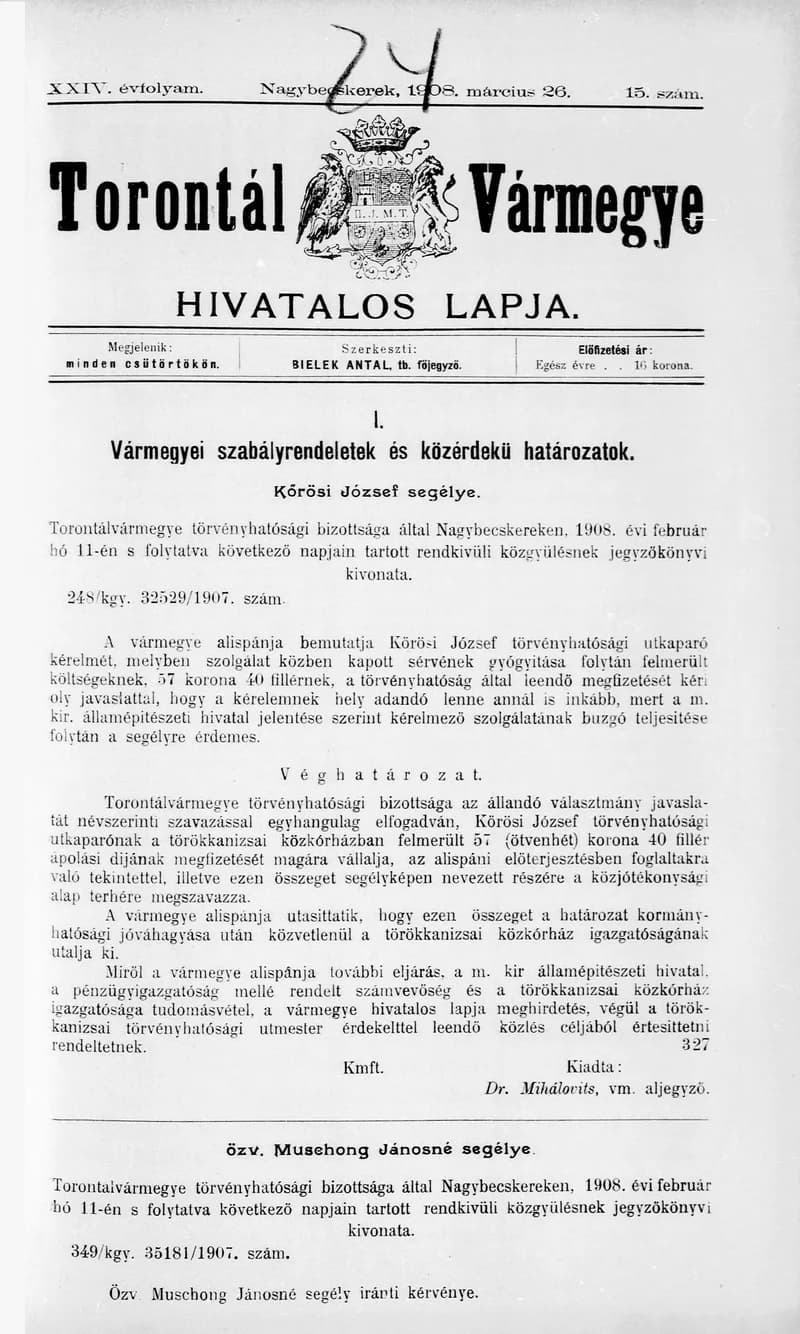 Torontál Vármegye Hivatalos Lapja, 24. évf. 1908. március 26. 15. sz.