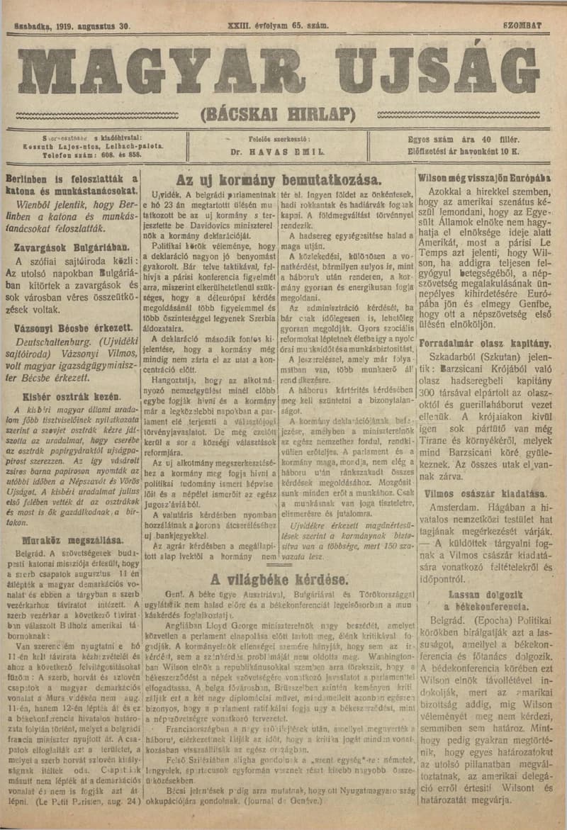 Bácskai Hirlap, 23. évf. 1919. augusztus 30. 65. sz.