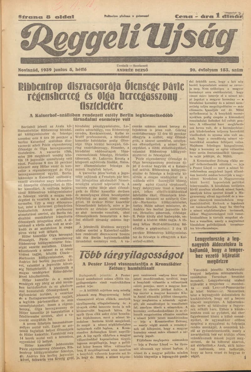 Reggeli Újság, 20. évf. 1939. június 5. 153. sz.