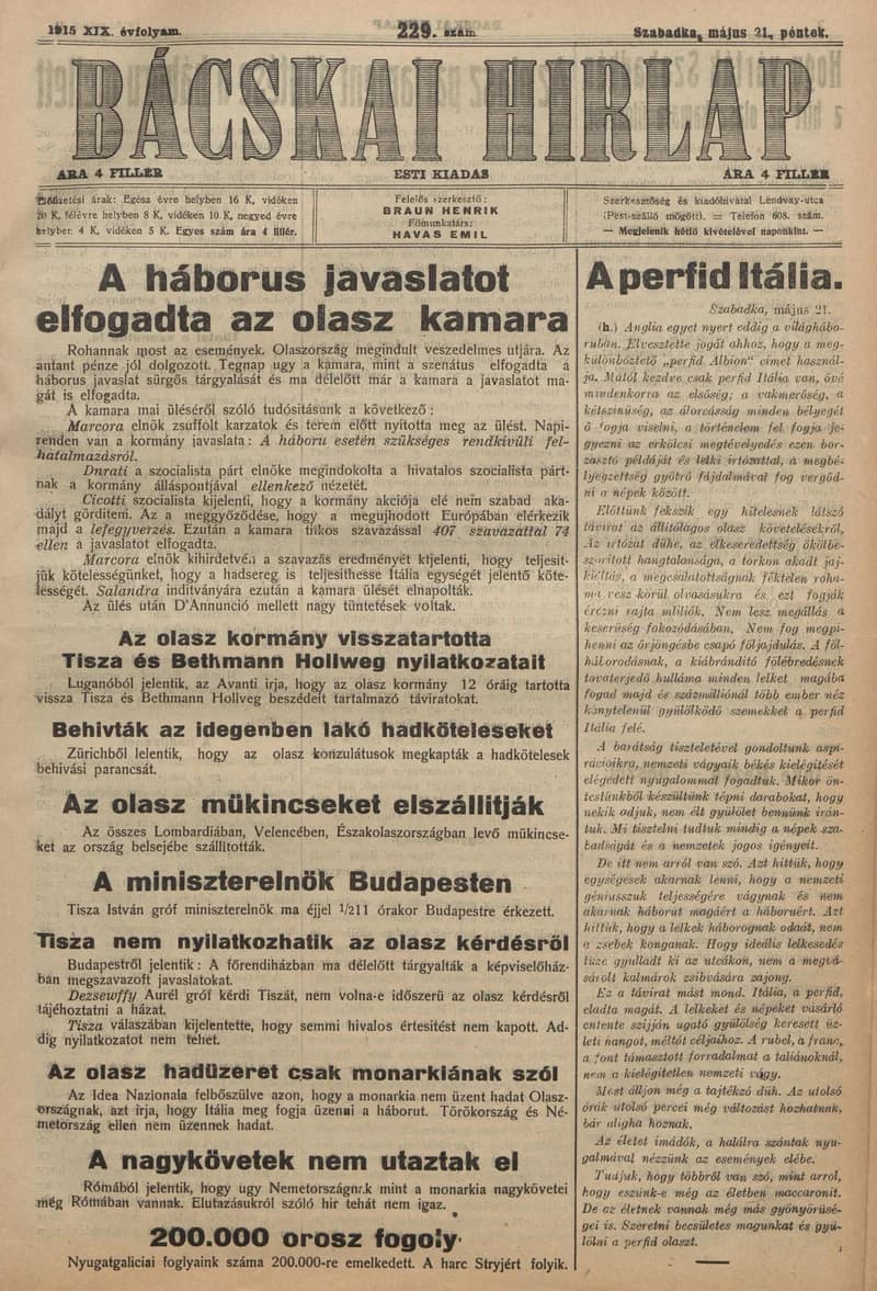 Bácskai Hirlap, 19. évf. 1915. május 21. 229. sz.