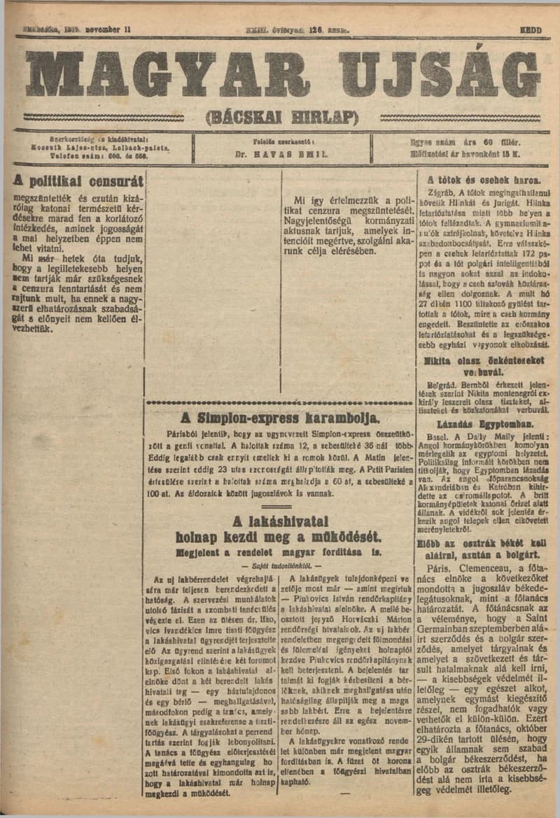 Bácskai Hirlap, 23. évf. 1919. november 11. 126. sz.