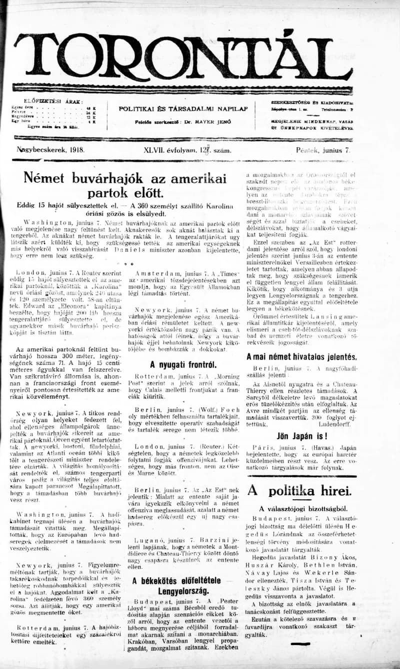 Torontál, 47. évf. 1918. június 7. 128. sz.
