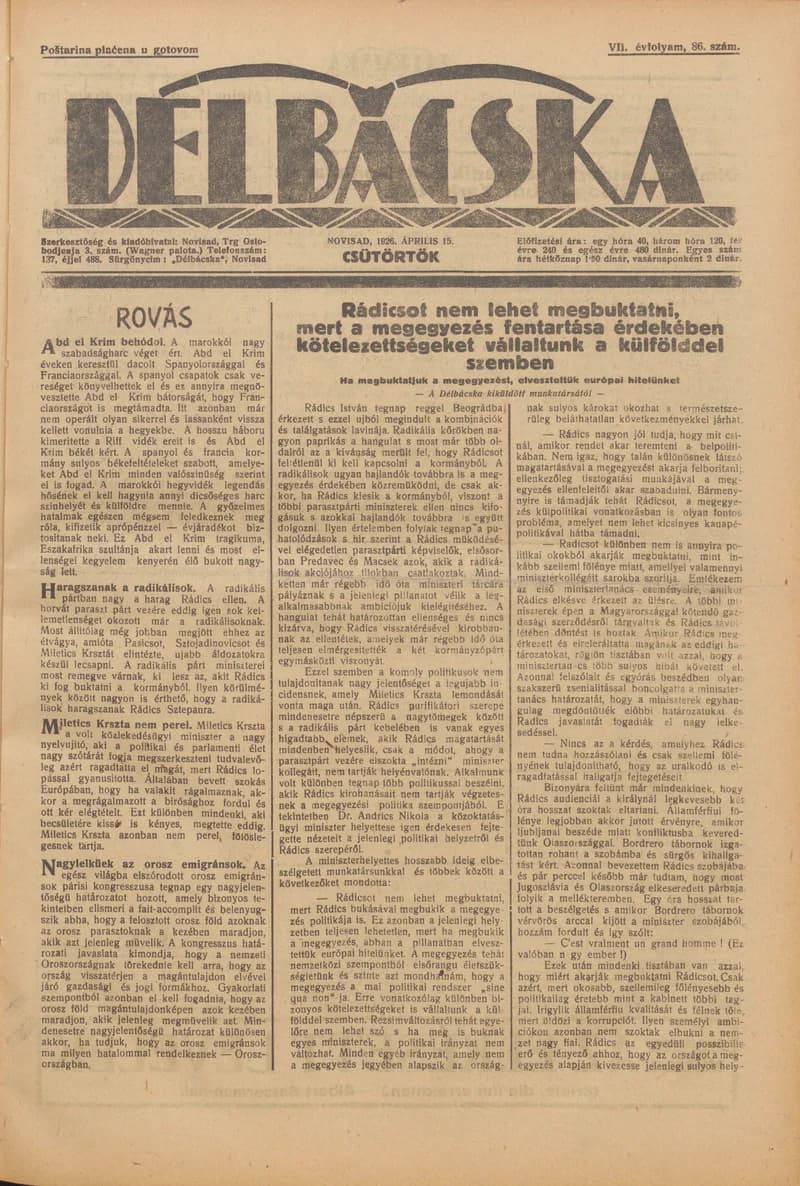 Délbácska, 7. évf. 1926. április 15. 86. sz.