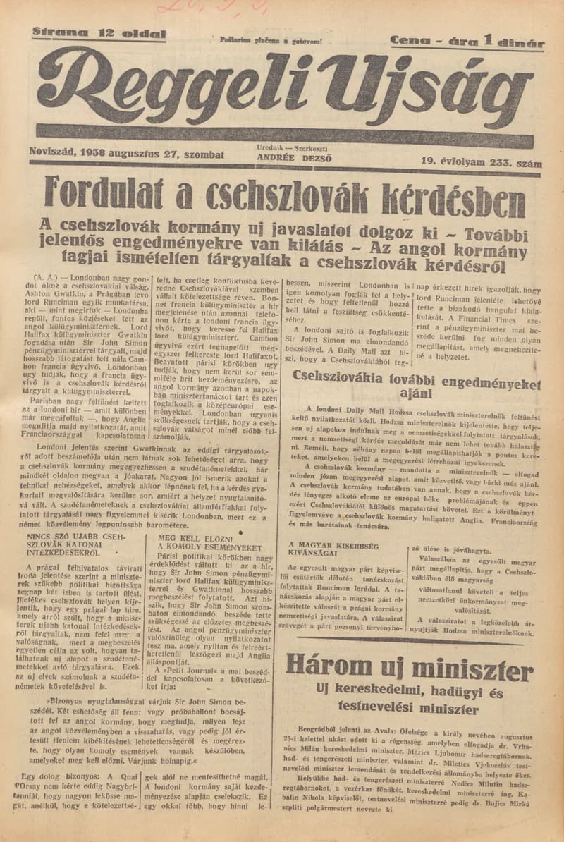 Reggeli Újság, 19. évf. 1938. augusztus 27. 233. sz.
