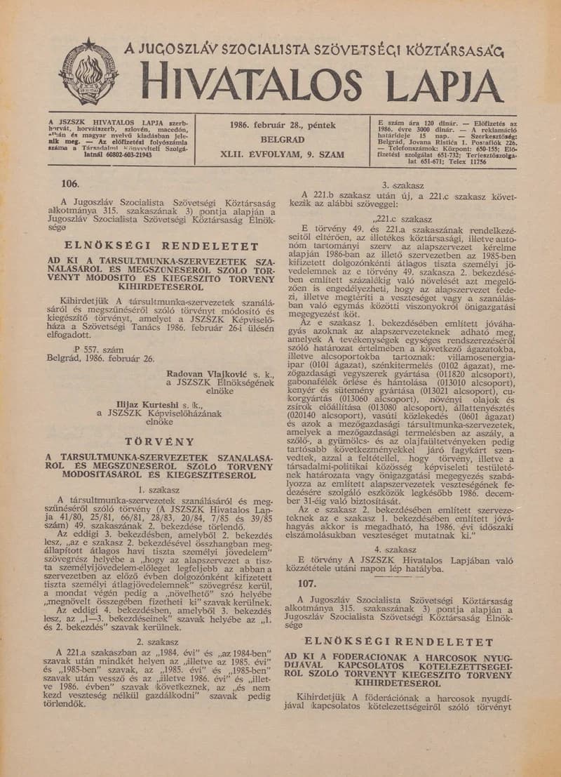 A Jugoszláv Szocialista Szövetségi Köztársaság Hivatalos Lapja, 42. évf. 1986. február 28. 9. sz. 201–264. oldal