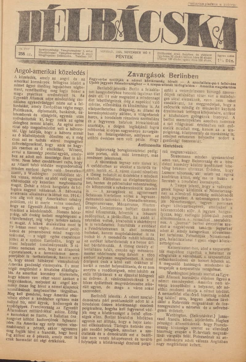 Délbácska, 4. évf. 1923. november 9. 258. sz.
