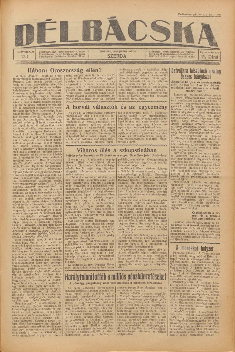 Délbácska, 6. évf. 1925. július 29. 173. sz.