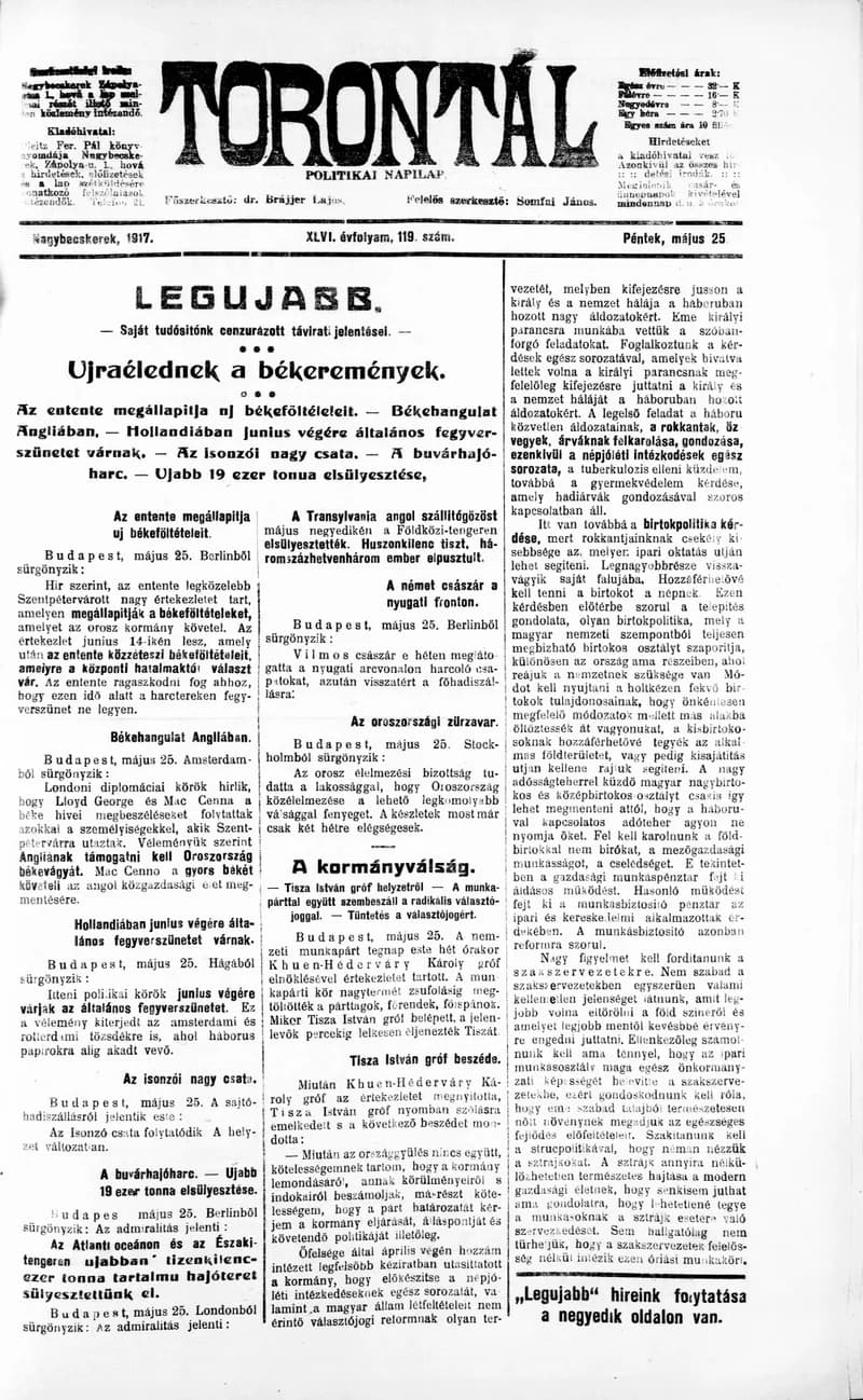 Torontál, 46. évf. 1917. május 25. 119. sz.