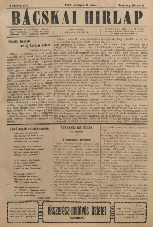 Bácskai Hirlap, 18. évf. 1914. február 8. 31. sz.