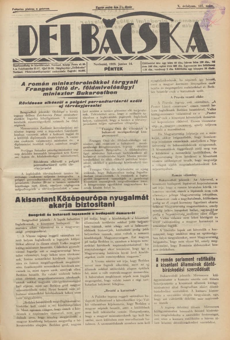 Délbácska, 10. évf. 1929. június 14. 137. sz.