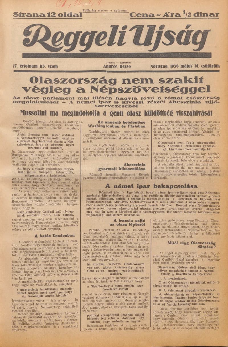 Reggeli Újság, 17. évf. 1936. május 14. 113. sz.