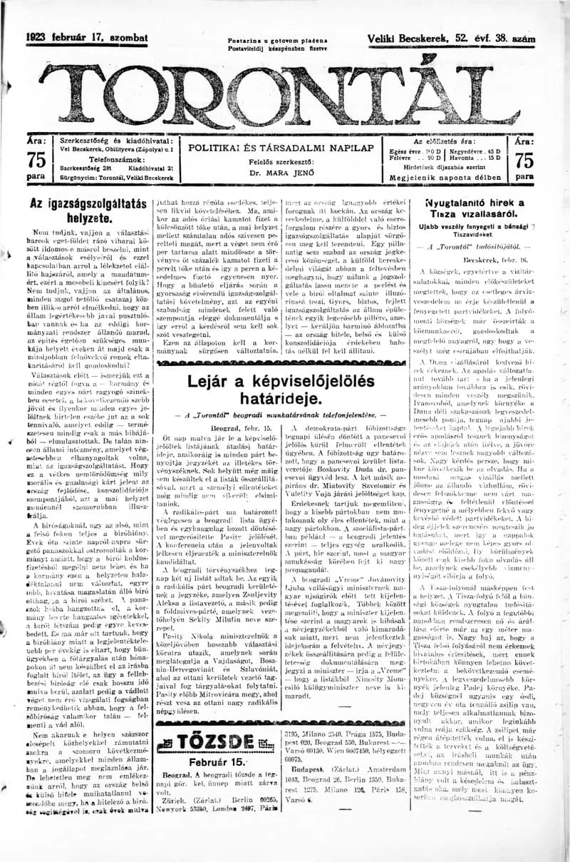 Torontál, 52. évf. 1923. február 17. 38. sz.