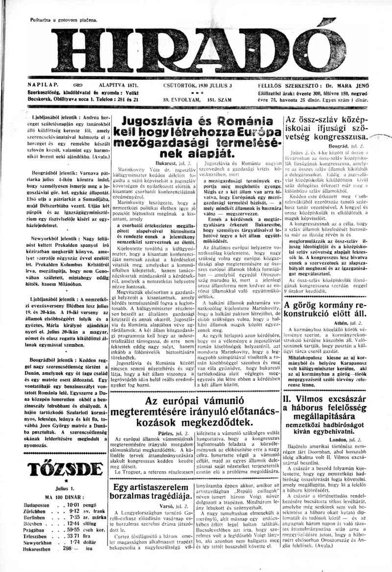 Híradó, 59. évf. 1930. július 3. 151. sz.