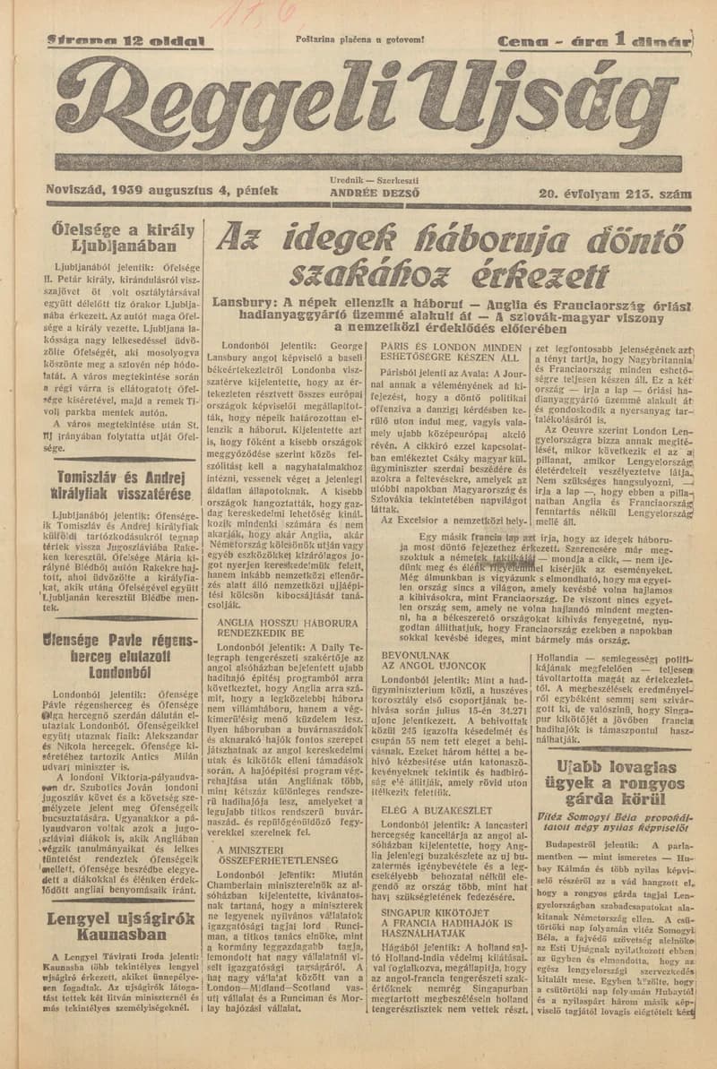 Reggeli Újság, 20. évf. 1939. augusztus 4. 213. sz.