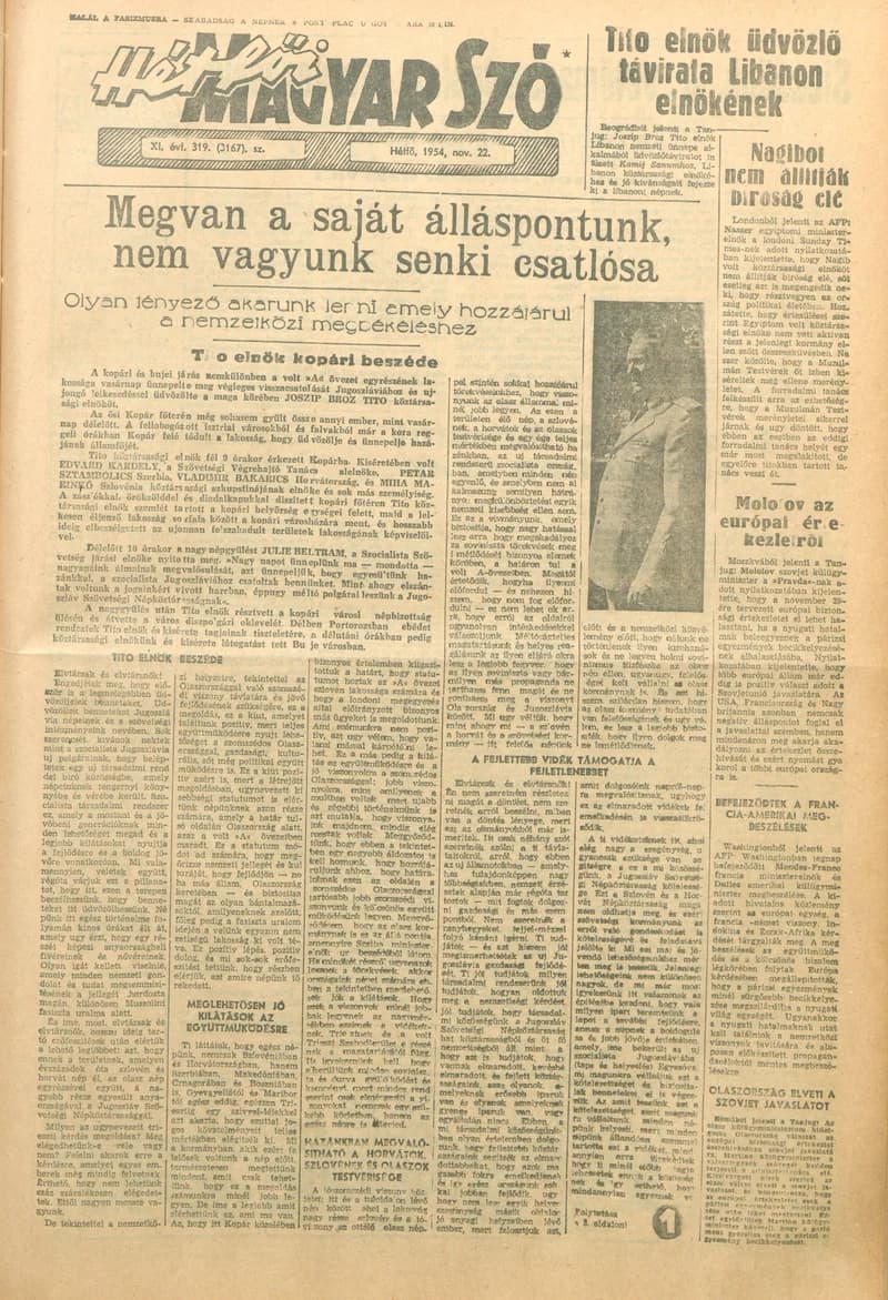 Magyar Szó, 11. évf. 1954. november 22. 319. sz. 1–6. oldal