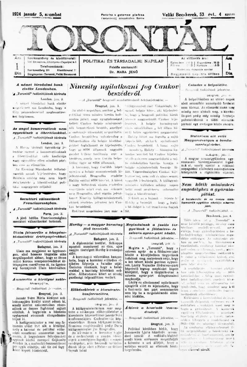 Torontál, 53. évf. 1924. január 5. 4. sz.