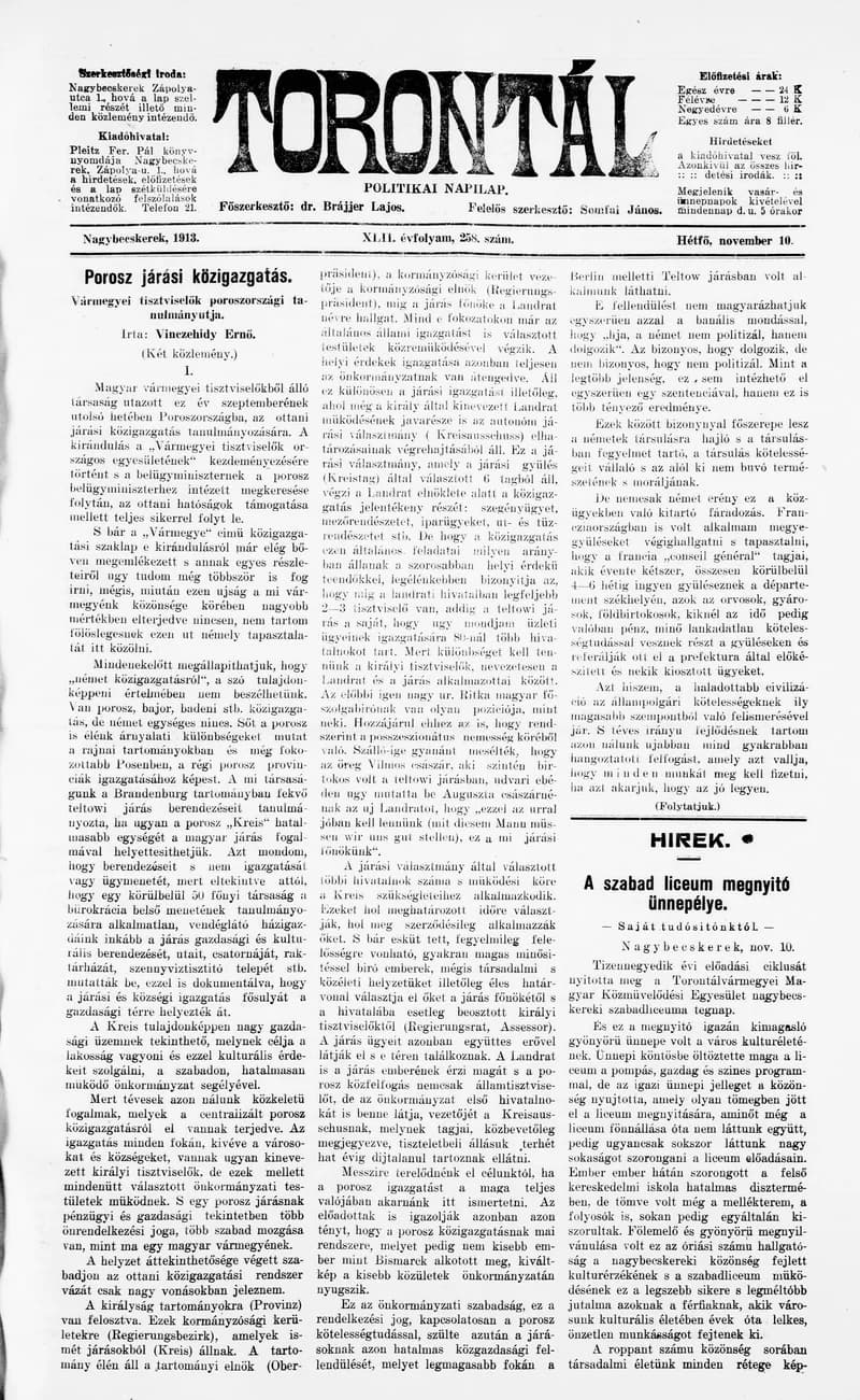 Torontál, 42. évf. 1913. november 10. 258. sz.