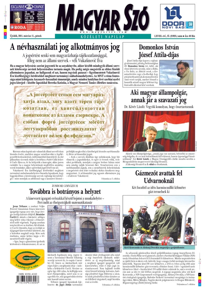 Magyar Szó, 68. évf. 2011. március 11. 57. sz. 1–20. oldal