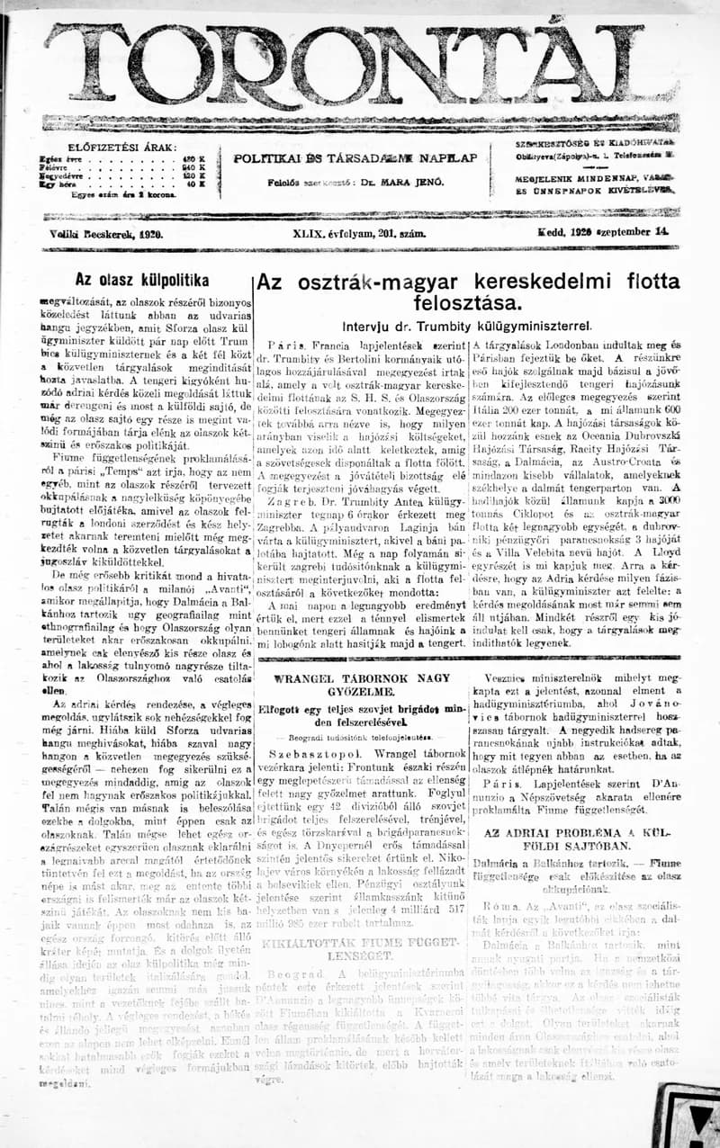 Torontál, 49. évf. 1920. szeptember 14. 201. sz.