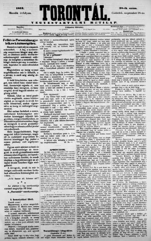 Torontál, 2. évf. 1873. szeptember 18. 38. sz.