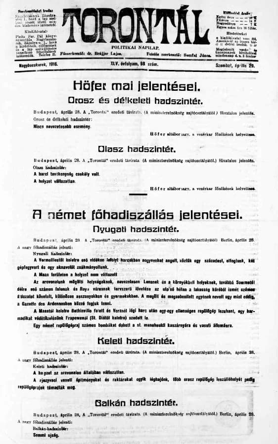 Torontál, 45. évf. 1916. április 29. 98. sz.