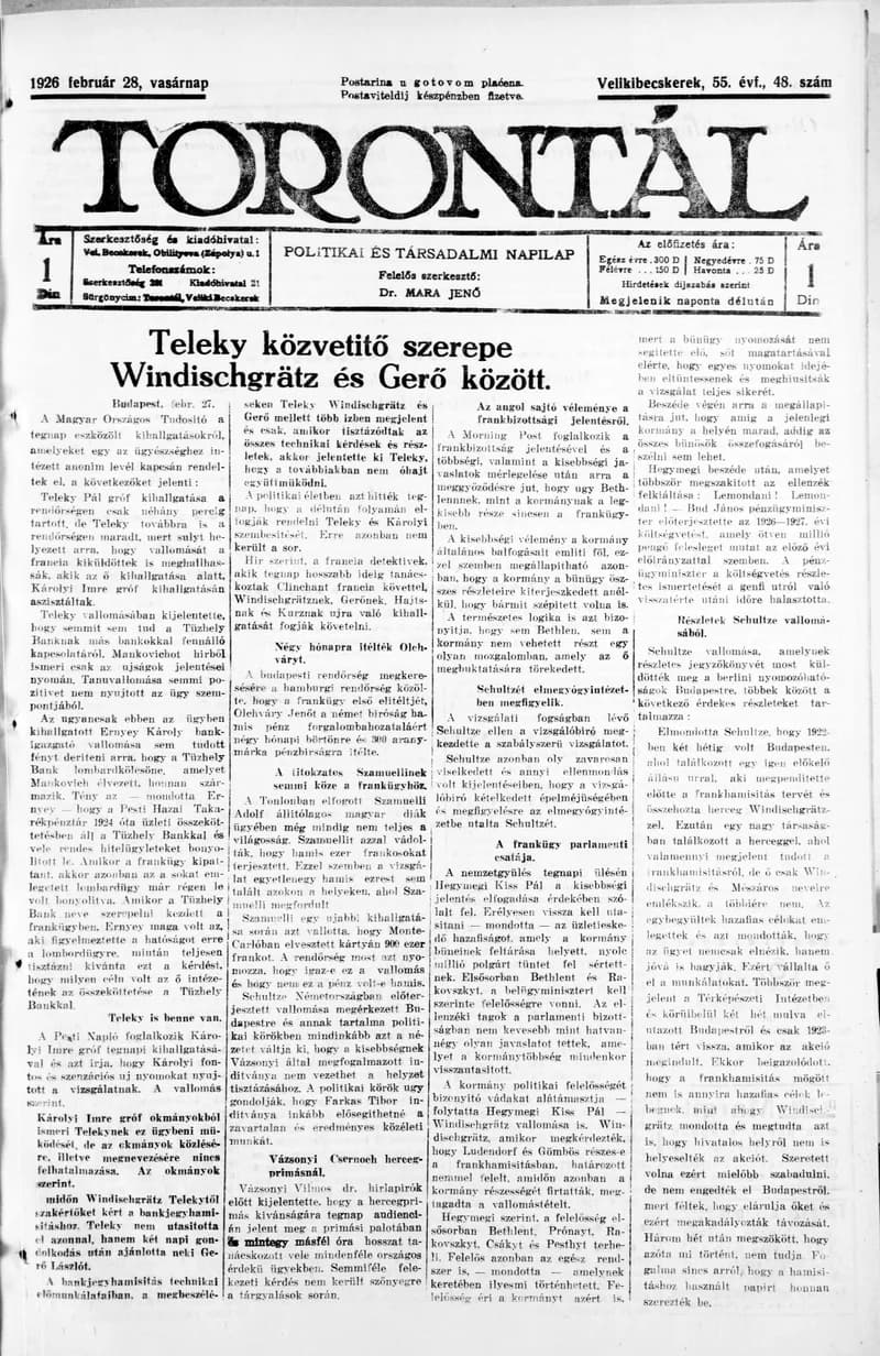 Torontál, 55. évf. 1926. február 28. 48. sz.