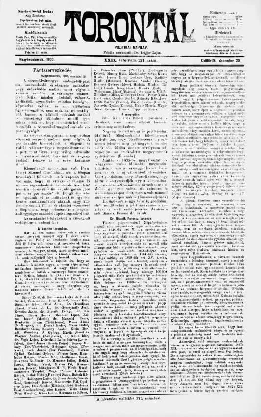 Torontál, 29. évf. 1900. december 20. 291. sz.