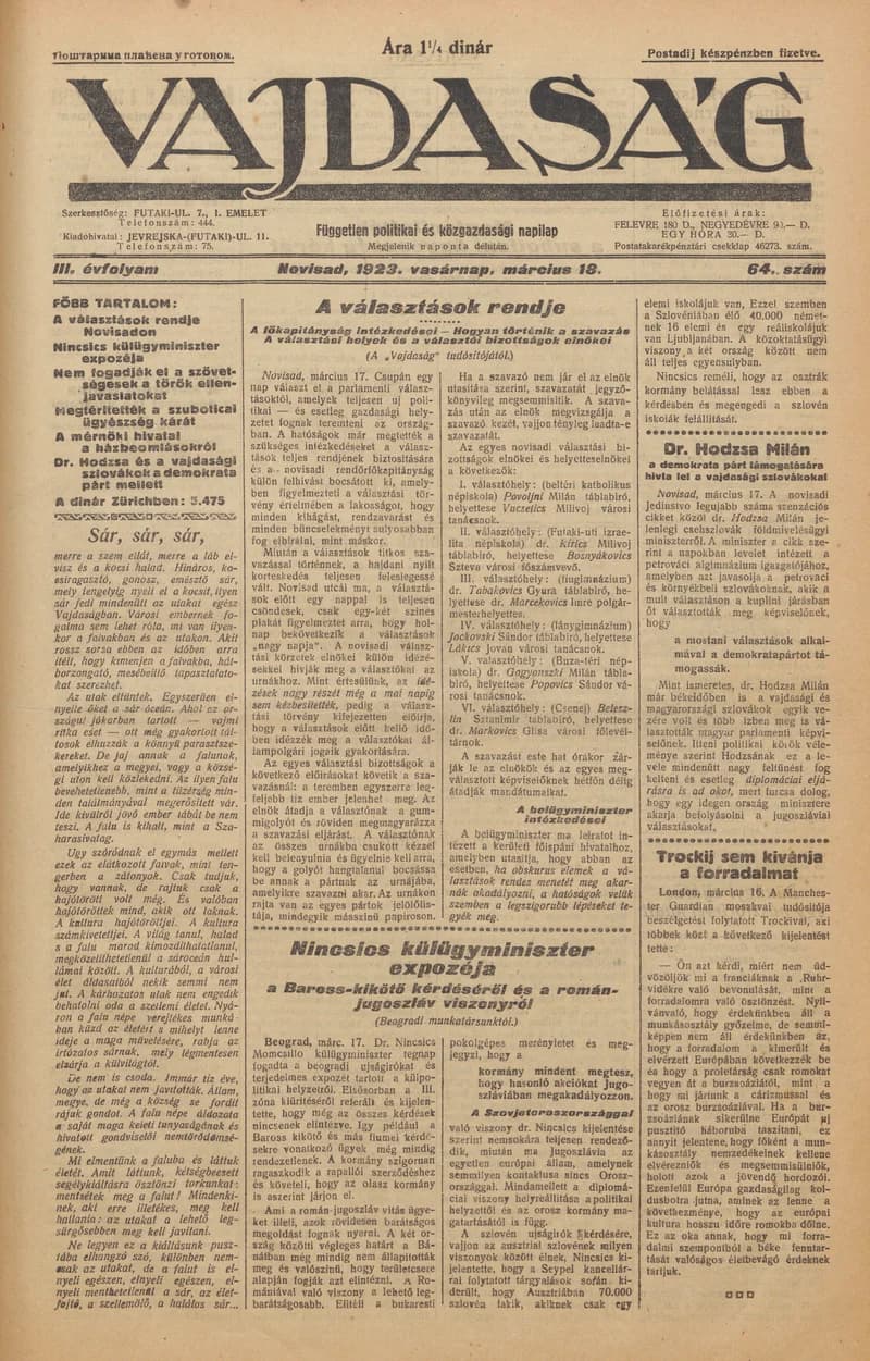 Vajdaság, 3. évf. 1923. március 18. 64. sz.