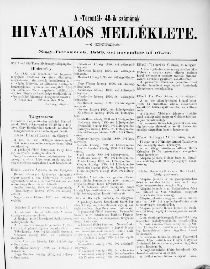 A Totontál  hivatalos melléklete, 2. évf. 1889. november 10. 45. sz.