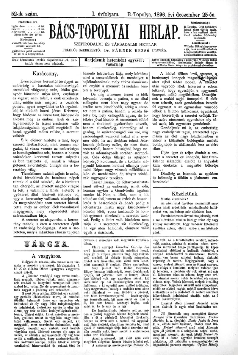 Bács-Topolyai Hirlap, 1. évf. 1896. december 25. 52. sz.